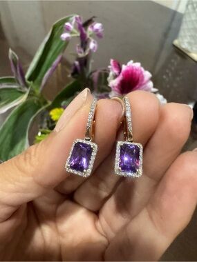 Vintage 10K Gold Amethyst & Diamond Halo Drop Earrings